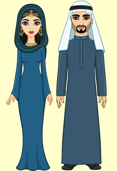 Animation arabische Familie: der Mann und die Frau in traditioneller Kleidung und Hijab. isoliertes, hohes Wachstum. — Stockvektor