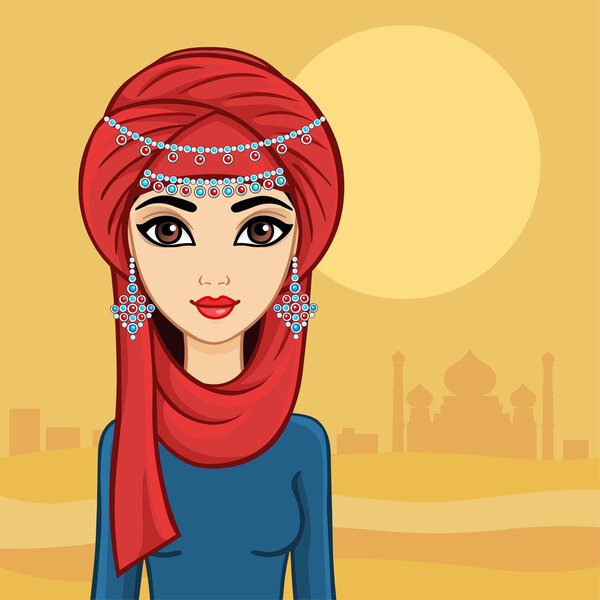 Arab girl in a turban in the desert.