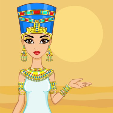 Animasyon Mısır prensesportresi. Arka plan çölü. Vektör çizimi.