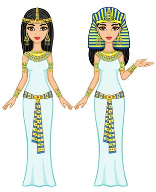 Animasyon Mısır prensesleri farklı pozlar. Tam büyüme. Beyaz bir arka plan üzerinde yalıtılmış vektör çizimi.