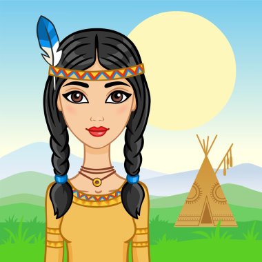 Beautiful girl in a suit of the North American Indian on a wigwam background. clipart