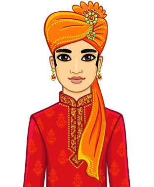 Hintli adamın animasyon portresi. Beyaz arka planda yalıtılmış.