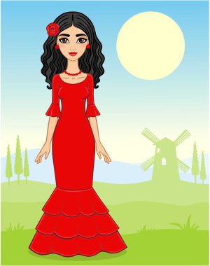 Bir değirmen ile bir vadi arka plan üzerinde kırmızı bir elbise animasyon İspanyol kız.