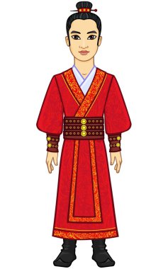 Eski giysiler için animasyon Asya adam. Tam büyüme. Beyaz bir arka plan üzerinde izole vektör çizim.