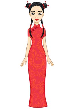 Kırmızı elbiseli bir animasyon Asyalı kız. Tam büyüme. Vektör çizim.