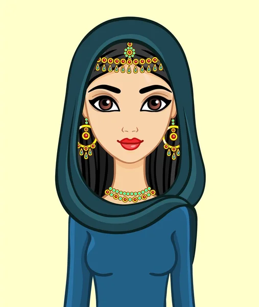 Animovaná blízkovýchodní dívka ve zlatých špercích izolovaných na béžové pozadí. — Stockový vektor