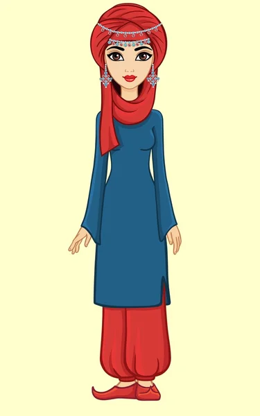 Retrato em crescimento da bela menina muçulmana em um turbante e largas calças. Isolados . — Vetor de Stock