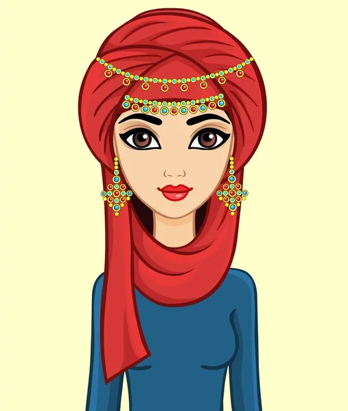 Animation Arab girl in a turban and gold jewelry isolated. — Stock Vector