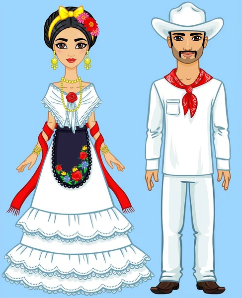 Famille mexicaine en vêtements traditionnels. Isolé sur un fond bleu . — Image vectorielle