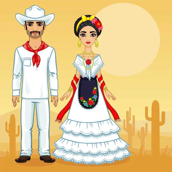 Mexican family in traditional clothes. Background desert. — Stock Vector