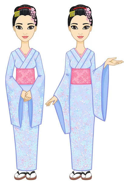 Dua gadis Jepang animasi dalam pose yang berbeda. Terisolasi di latar belakang putih. Ilustrasi vektor . - Stok Vektor