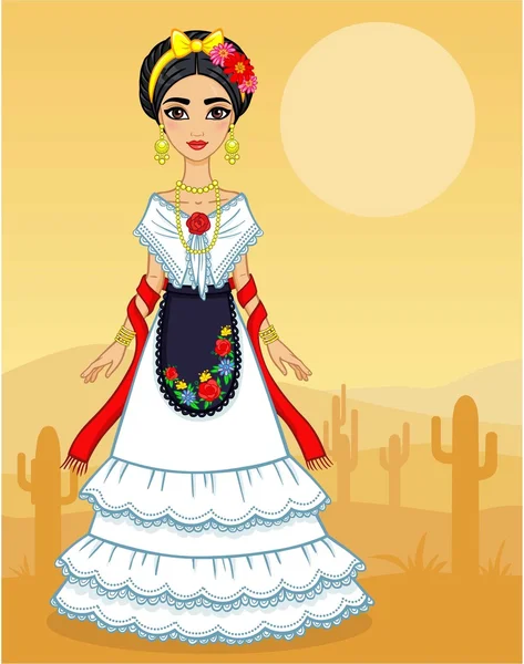 Animation fille mexicaine dans une robe de fête. Contexte désert . — Image vectorielle