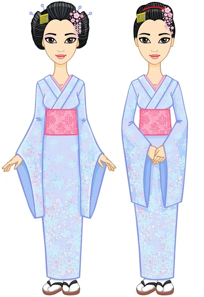 Twee animatie Japanse meisjes in verschillende poses. Geïsoleerd op een witte achtergrond. Vector illustratie. — Stockvector