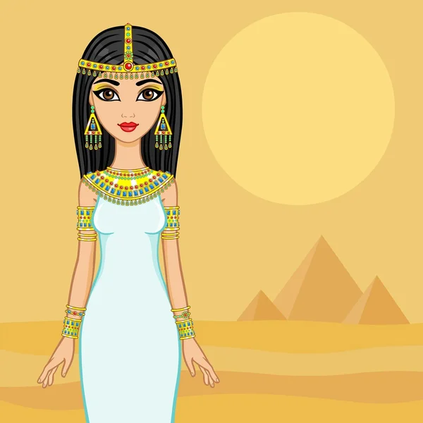 Египетская принцесса в пустыне с древними пирамидами . — стоковый вектор
