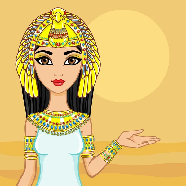 Portrét animace egyptská princezna. Pozadí pouště. Vektorová ilustrace. — Stockový vektor