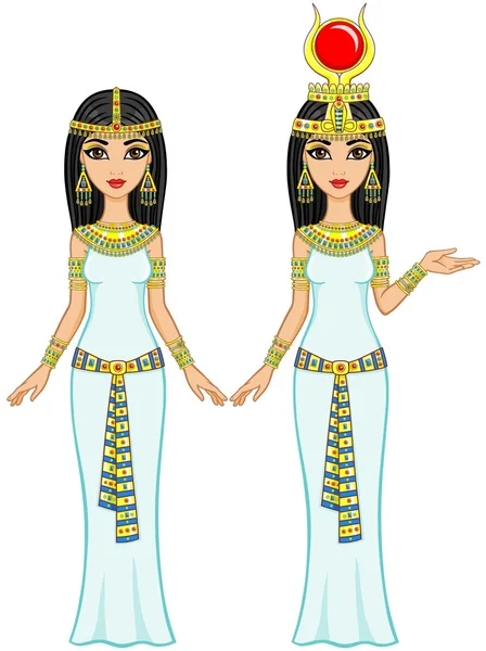 Κινούμενα σχέδια αιγυπτιακών πριγκίπισσες σε διαφορετικές στάσεις. Πλήρης ανάπτυξη. Η απεικόνιση διανύσματος απομονώθηκε σε λευκό φόντο. — Διανυσματικό Αρχείο