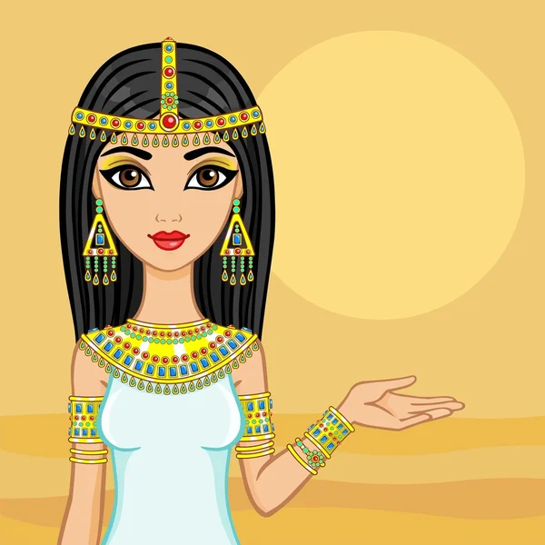 Portrait of the animation Egyptian princess. Background desert. — Stock Vector