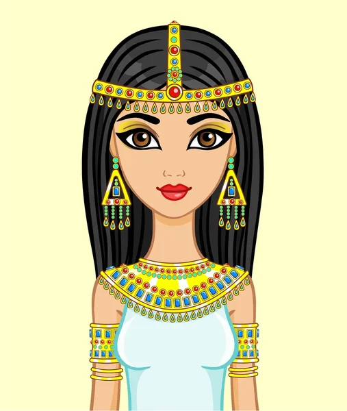 Animatie Egyptische prinses in gouden sieraden, geïsoleerd op een beige achtergrond. — Stockvector