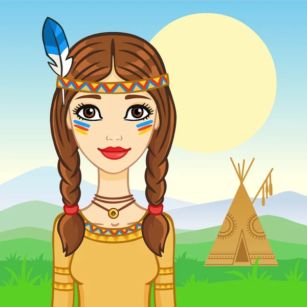 Menina bonita em um vestido do índio norte-americano em um fundo wigwam . — Vetor de Stock