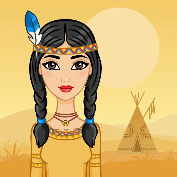 Animation girl the North American Indian on a traditional tent. — Stock Vector