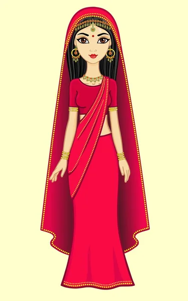 Κινούμενα σχέδια ινδική πριγκίπισσα σε ένα παραδοσιακό κοστούμι και χρυσό κόσμημα, απομονωμένη, υψηλή ανάπτυξη. — Διανυσματικό Αρχείο