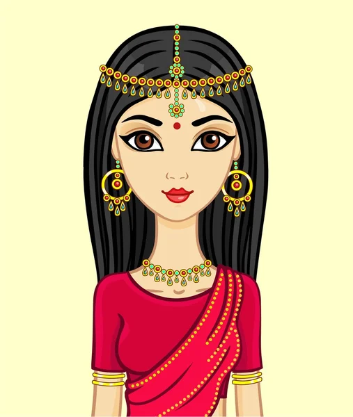 Animación princesa india con ropa tradicional y joyas de oro, aislado . — Vector de stock