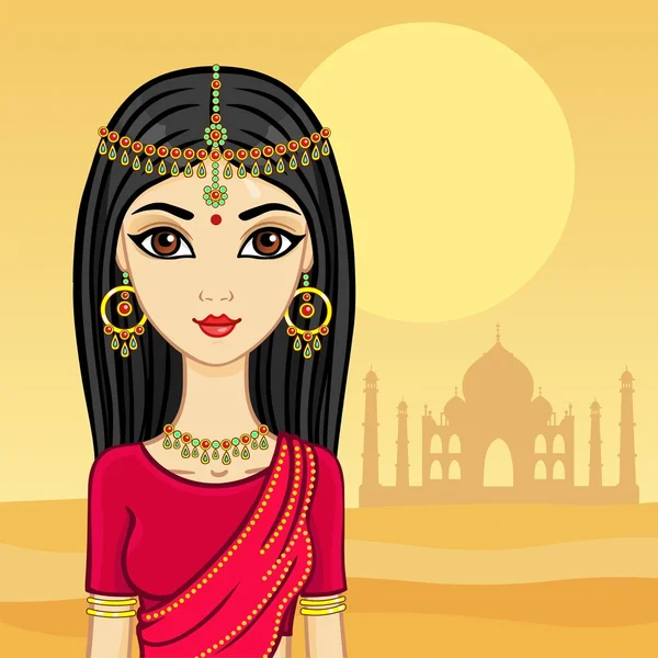 Indian girl against the hot desert and silhouette palace. — Stock Vector