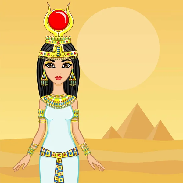 Mısır Kraliçesi animasyon portresi. Arka plan - bir manzara çöl, piramitler. Metin için yer. — Stok Vektör