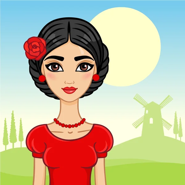 Spaans meisje tegen de groene vallei met een molen. — Stockvector