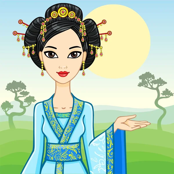 The animation Asian beautiful woman in a traditional dress invites to travel. Vector illustration. — Stock Vector