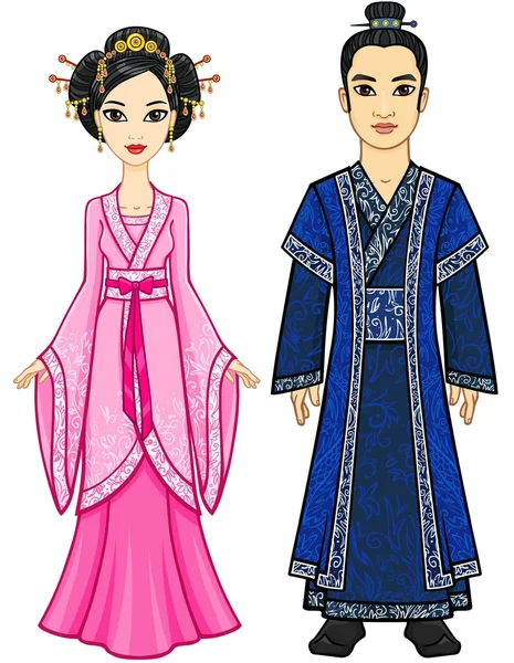 Potret sebuah keluarga animasi Tionghoa dengan pakaian tradisional. Pertumbuhan penuh. Terisolasi pada latar belakang putih . - Stok Vektor
