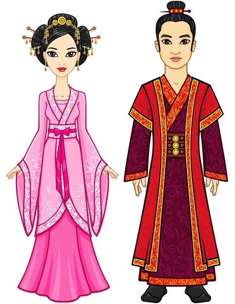 Portrait of an animation Chinese family in traditional clothes. Full growth. Isolated on a white background. — Stock Vector