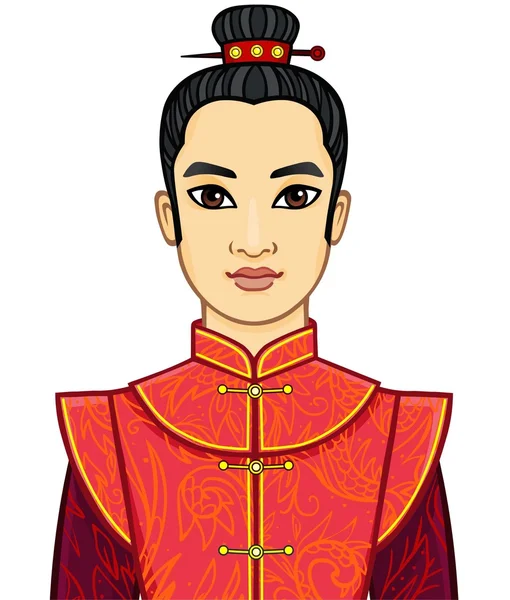 Retrato de animação do homem chinês na roupa tradicional com um penteado antigo. Isolado sobre um fundo branco . —  Vetores de Stock