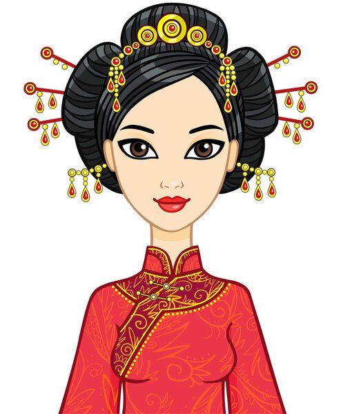 Анимационный портрет китайской девушки в традиционной одежде с древней прической. Изолированный на белом фоне
.