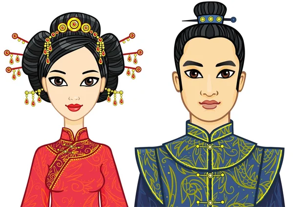 Portrait of an animation Chinese family in traditional clothes. Isolated on a white background. — Stock Vector