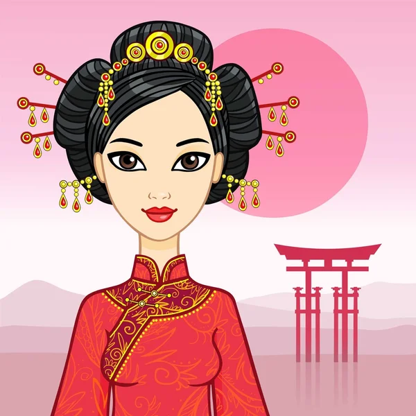 Chica china en ropa tradicional y un peinado festivo en un paisaje oriental . — Vector de stock