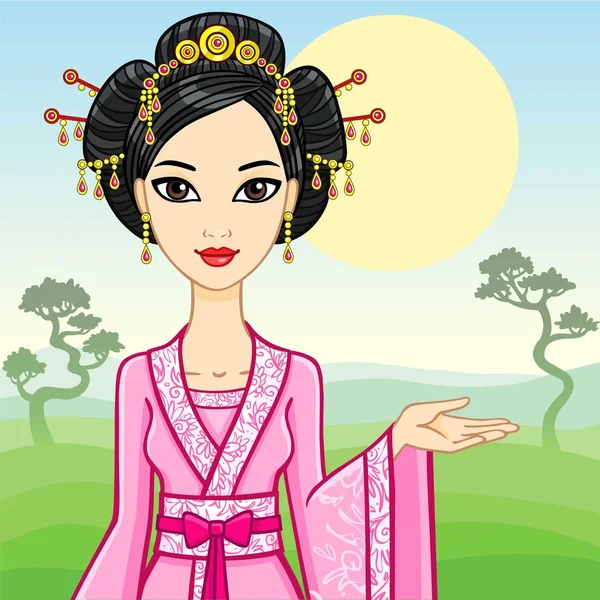 The animation Asian beautiful woman in a traditional dress invites to travel. Vector illustration. — Stock Vector