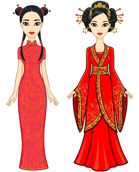 Duas meninas chinesas animação em roupas tradicionais. Crescimento total. Ilustração vetorial isolada sobre fundo branco . — Vetor de Stock