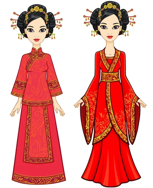 두 명의 애니메이션 중국 여자 전통 옷을 입고입니다. 전체 성장입니다. 벡터 일러스트 레이 션 흰색 배경에 고립. — 스톡 벡터