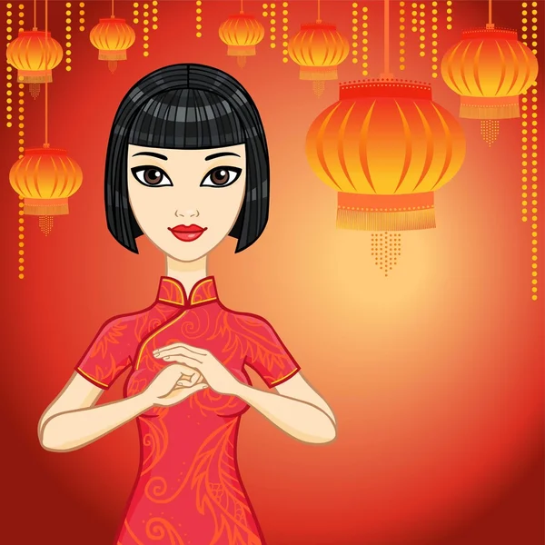 Animation Chinese girl. Chinese new year. — Stock Vector