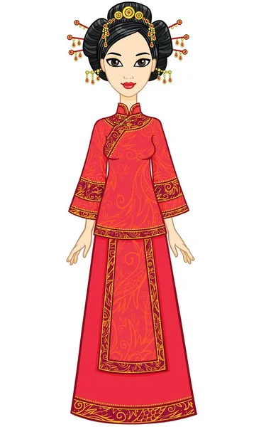 Animasi gadis Asia dengan gaun tradisional merah. Pertumbuhan penuh. Ilustrasi vektor . - Stok Vektor