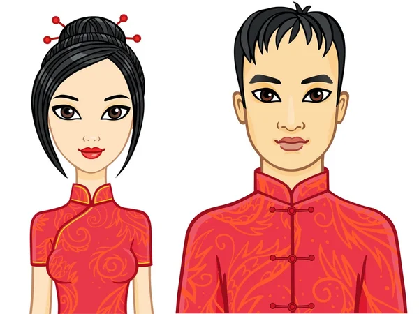 Portrait of an animation Chinese family in traditional clothes. Isolated on a white background. — Stock Vector