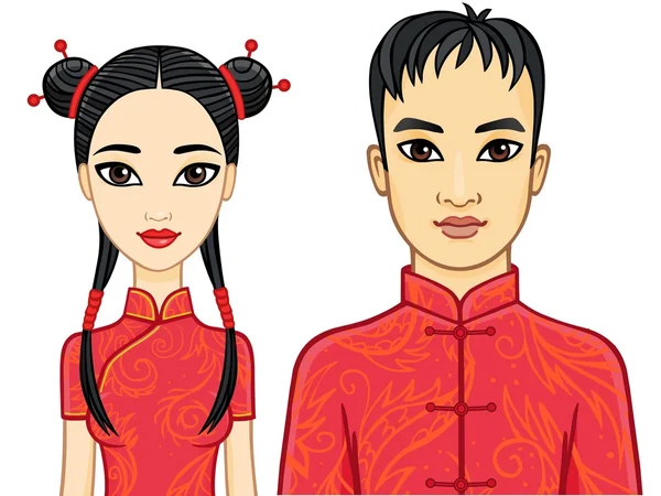 Potret sebuah keluarga animasi Tionghoa dengan pakaian tradisional. Terisolasi pada latar belakang putih . - Stok Vektor