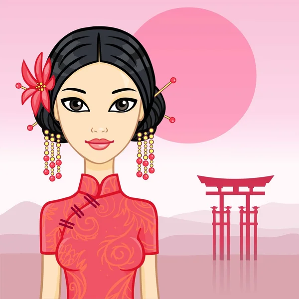 Animation beautiful Chinese girl in a traditional clothes on a east pink landscape. — Stock Vector