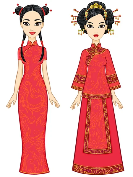 Zwei animierte chinesische Mädchen in traditioneller Kleidung. isoliert auf weißem Hintergrund. — Stockvektor