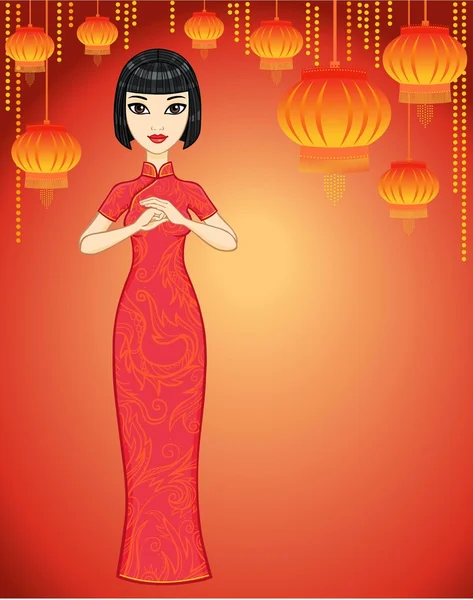 Animation Chinese girl. Chinese new year. — Stock Vector