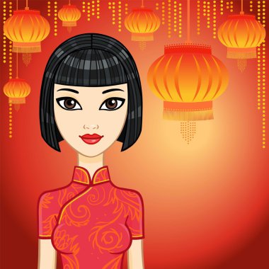 Animation Asian girl with festive lamps.