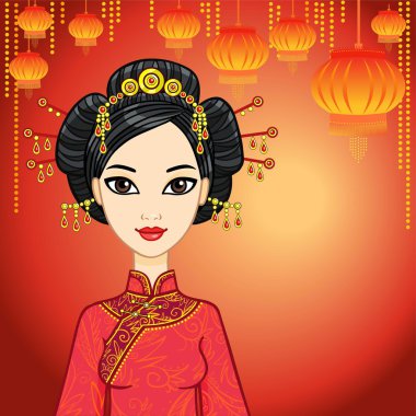 Chinese girl in traditional clothes and a festive hairstyle. Festive small lamps.