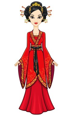 Animation Asian girl in a pink traditional dress. Full growth. Vector illustration isolated on a white background.