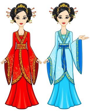Two animation Asian girls in different poses in traditional clothes. Full growth. Vector illustration isolated on a white background.